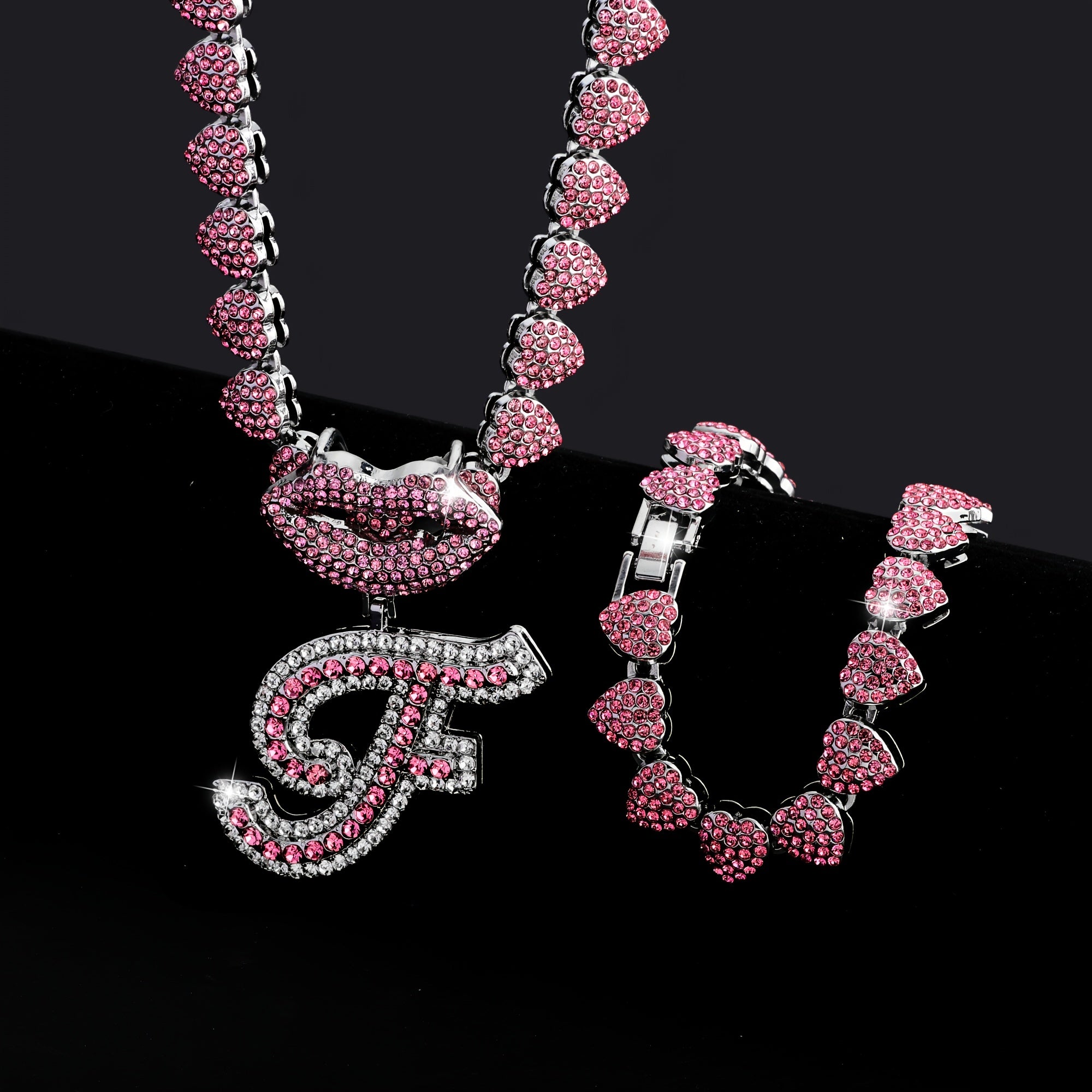Hip Hop Y2K Style Pink Sexy Lips Pendant Necklace and Bracelet Set, A-Z Initials, Rhinestone Inlay, Zinc Alloy, Perfect for Daily Wear or Parties, Ideal Valentine's Day Gift for Men and Women, Hip Hop Jewelry